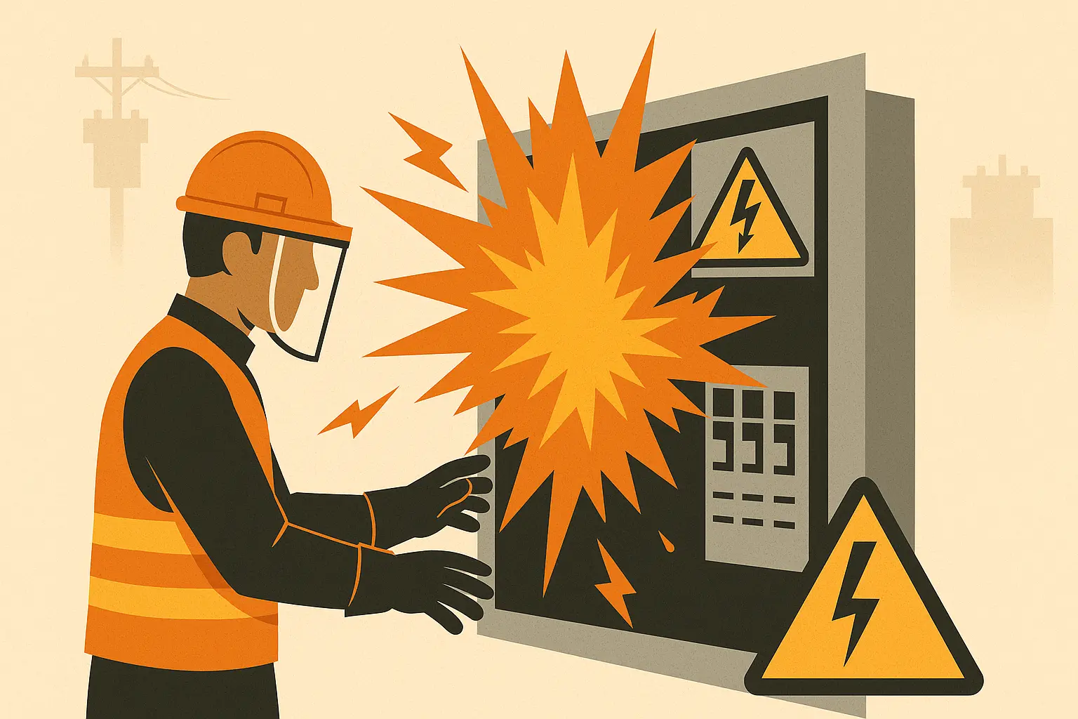 Illustration of an electrical technician in PPE reacting to an arc flash explosion from an open electrical panel, with warning symbols visible.