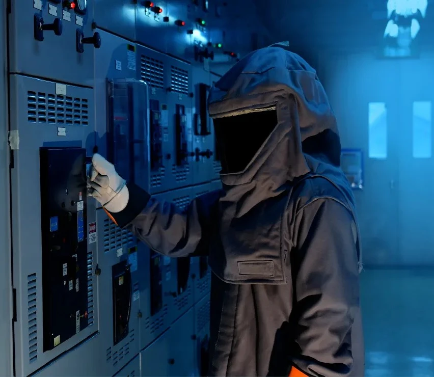 Electrical worker in full arc flash PPE operating switchgear equipment