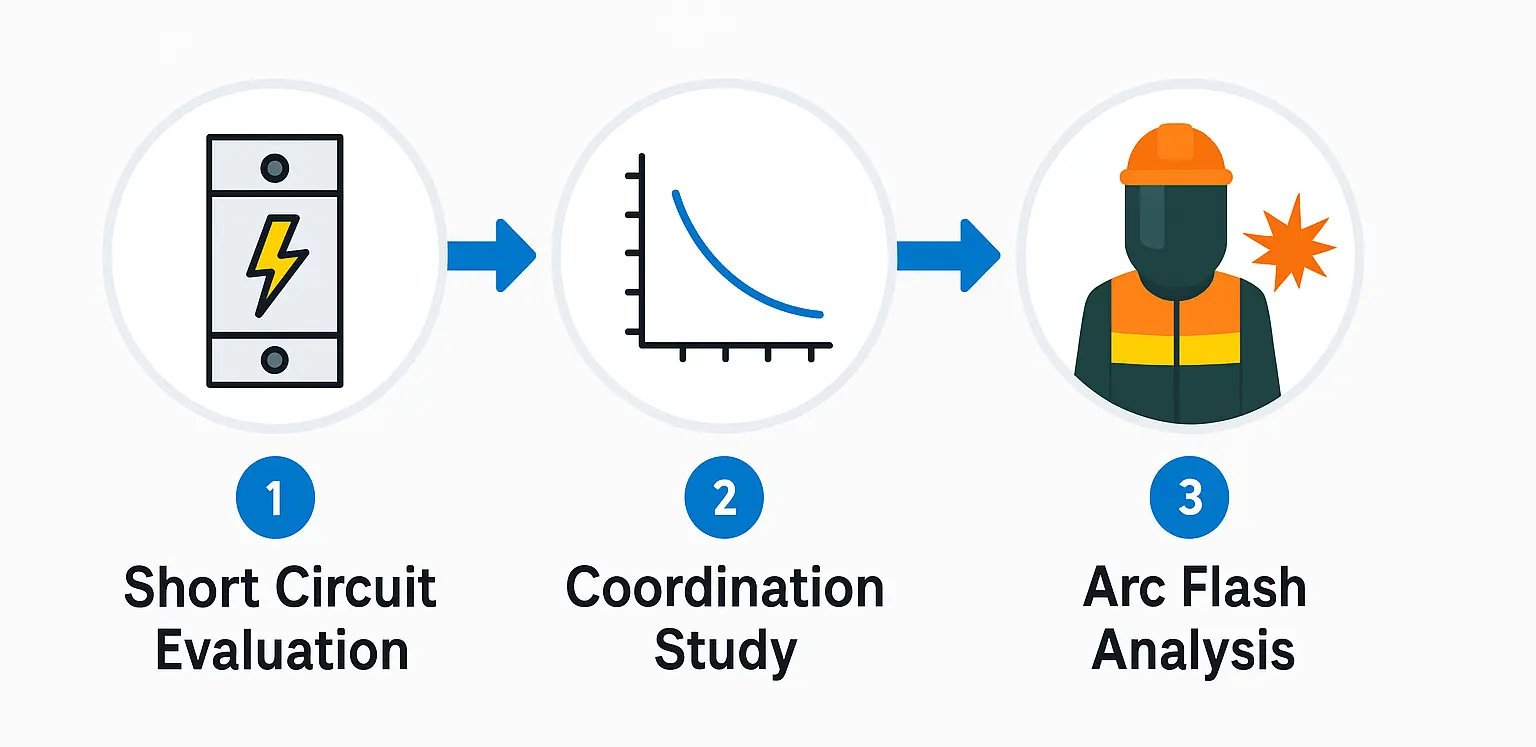 Infographic illustrating short circuit evaluation, coordination study with a time-current curve icon, and arc flash analysis with a PPE worker icon.