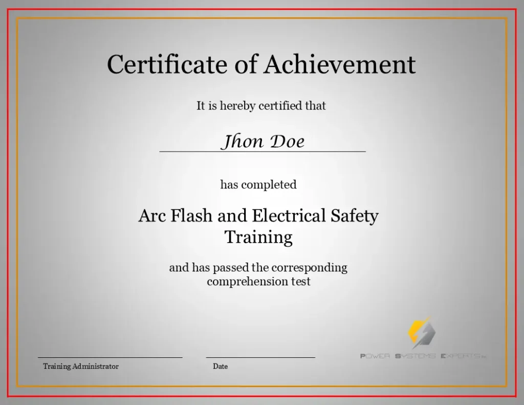 Example certificate of arc flash and electrical safety training with Power Systems Experts logo